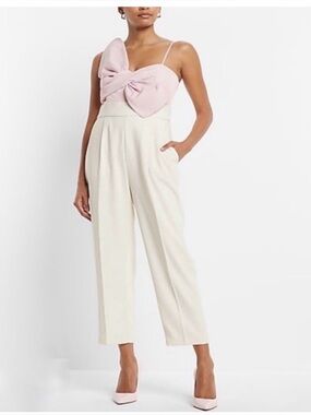 Express Pink Bow Bodice Cream High-Waist Cropped Jumpsuit